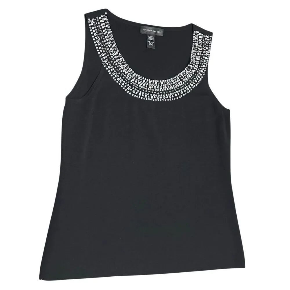 Cable & Gauge Black Beaded Bling Sleeveless Knit Top Tank Size L